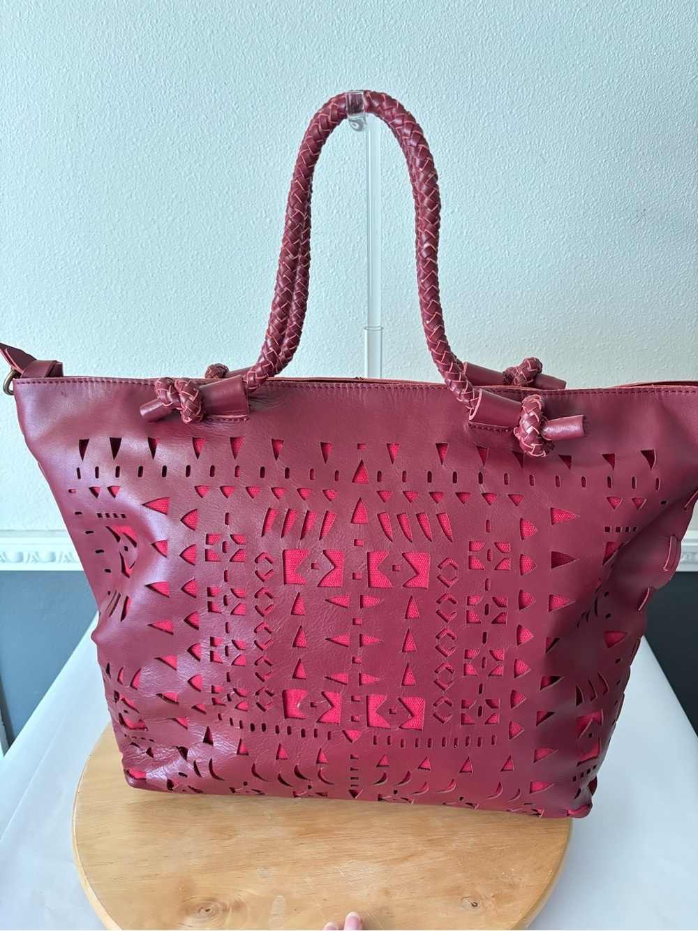 NEW Isabella Fiore Leather Large Braided Woven Tote Crossbody Bag in Deep Red